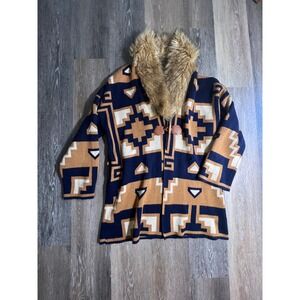 Magnolia Lane Cardigan Womens Medium Blue Tan Excellent Faux Fur Toggle Aztec